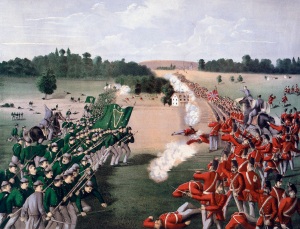 An 1869 illustration of the Battle of Ridgeway: General O'Neill's Fenians, bearing an IRA flag, charging and routing the Canadian troops. Image courtesy of Library and Archives Canada.